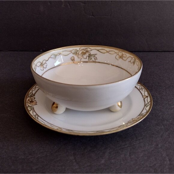 Vintage Nippon Hand Painted 3 Legged Soup Sauce Bowl W/ Saucer Gold Gilt Floral - Picture 2 of 10